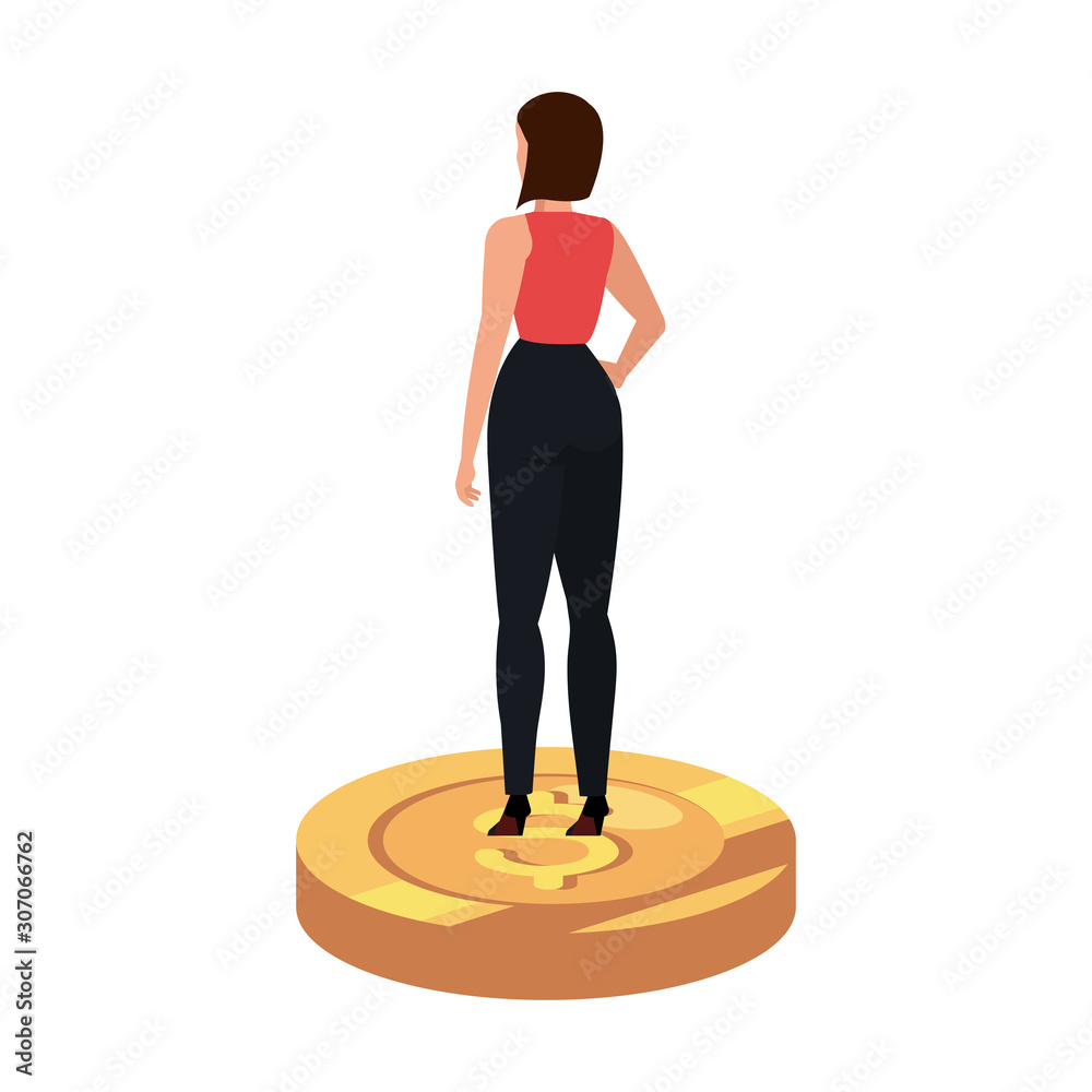 back business woman elegant over coin isolated icon vector illustration design back business woman elegant over coin isolated icon vector illustration design