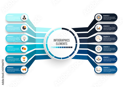 Vector infographic template with 3D paper label, integrated circles. Business concept with 12 options. For content, diagram, flowchart, steps, parts, timeline infographics, workflow, chart.