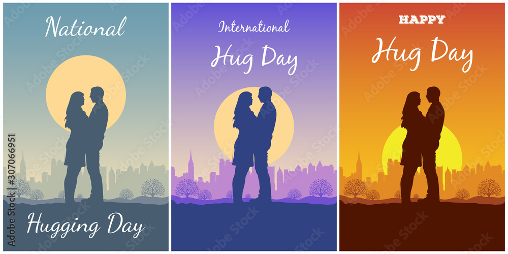 Set of card for Hug Day with silhouette of couple on background of sunset landscape with city view, tree, sun and sky. Man and woman stand in an embrace. Flat vector concept with copy space. Set of card for Hug Day with silhouette of couple on background of sunset landscape with city view, tree, sun and sky. Man and woman stand in an embrace. Flat vector concept with copy space.