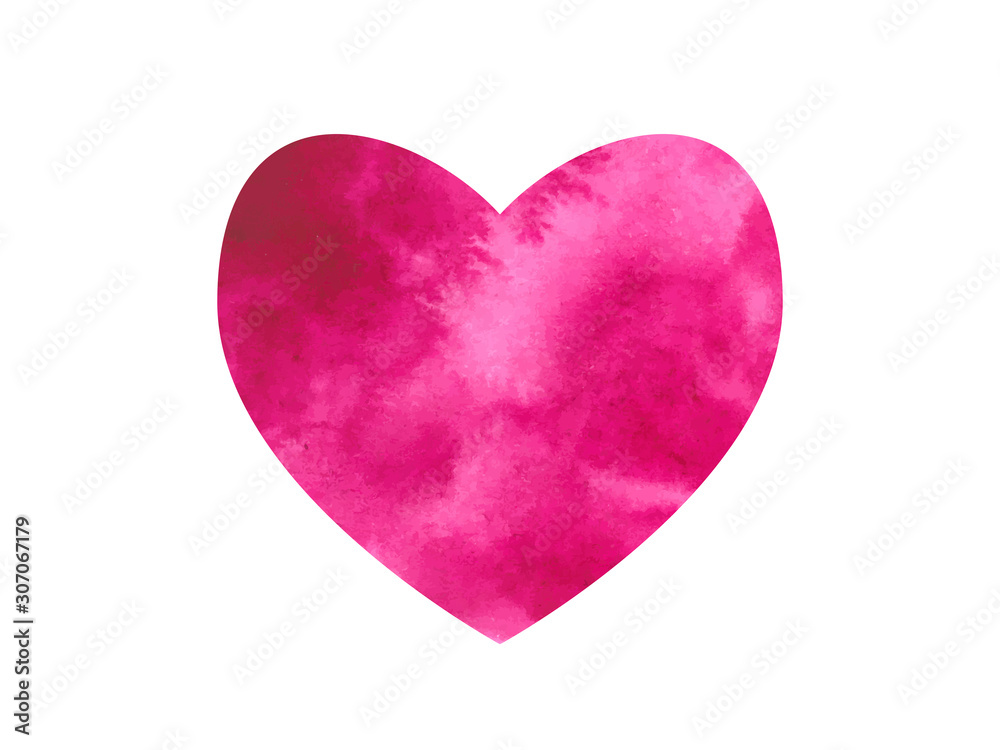 Holiday card for Valentine's Day, March 8, weddings, posters. Pink watercolor stain in the shape of a heart on a white background. Blurry paints. Watercolor splash on white paper. Vector illustration