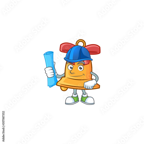 Cheerful Architect christmas bell cartoon style holding blue prints