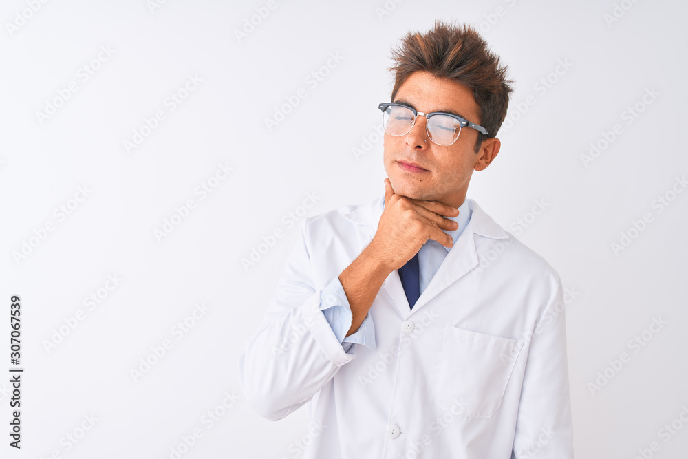 Young handsome sciencist man wearing glasses and coat over isolated white background Touching painful neck, sore throat for flu, clod and infection