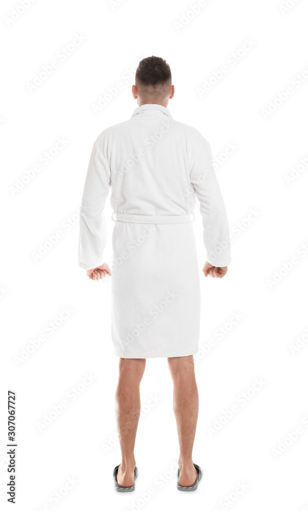 Man wearing bathrobe on white background, back view Man wearing bathrobe on white background, back view