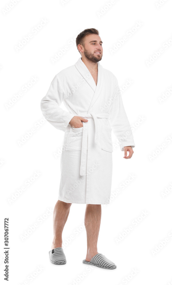 Handsome man wearing bathrobe on white background Handsome man wearing bathrobe on white background