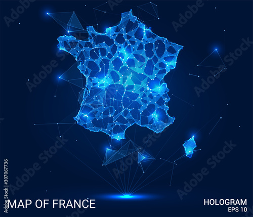 Hologram Of France. Map of France of polygons, triangles of points and lines. Map of France low-poly composite structure. Technological concept.