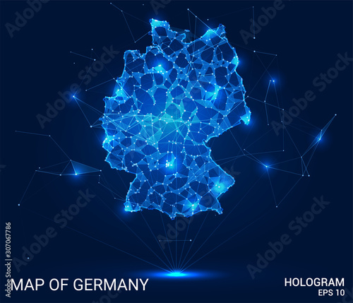 Hologram Of Germany. Map of Germany of polygons, triangles of points and lines. Map of Germany low poly composite structure. Technological concept.