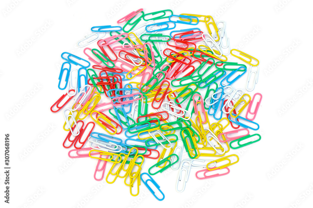Fototapeta premium Colored paper isolated on white background, multicolored paper clips