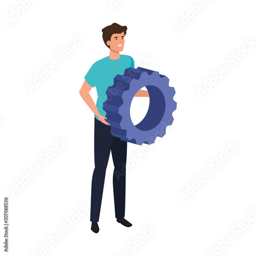 young man with gear pinion avatar character vector illustration design