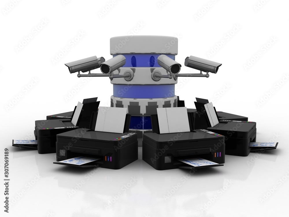Naklejka premium 3d illustration Generic inkjet printer CMYK cartridges with database connected cctv camera