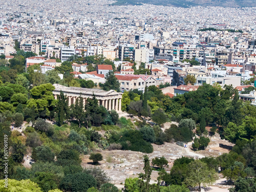 The Temple of Hephaestus, Athens, Greece. Panoramic view of Athens from Acropolis