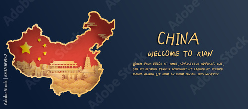 China flag and map with Xian skyline, world famous landmarks in paper cut style vector illustration