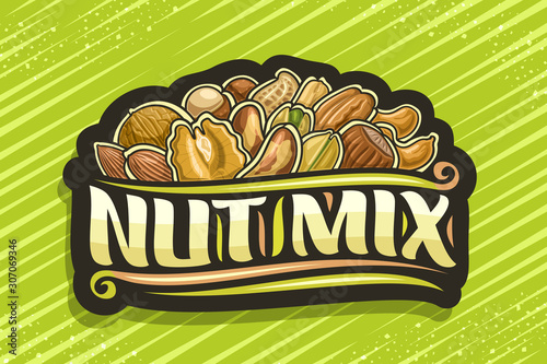 Vector logo for Nut Mix, black decorative tag with illustration of pile cartoon various nuts and flourishes, design concept with original brush script for words nut mix on green abstract background.
