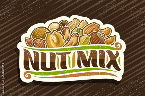 Vector logo for Nut Mix, decorative cut paper tag with illustration of heap raw variety nuts and flourishes, design concept with original brush script for words nut mix on brown abstract background.