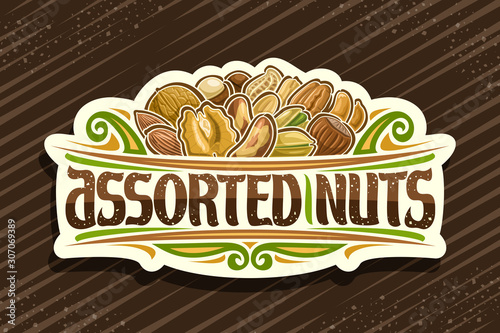 Vector logo for Assorted Nuts, decorative cut paper sign with illustration of pile raw different nuts and flourishes, design signage with original typeface for words assorted nuts on brown background.