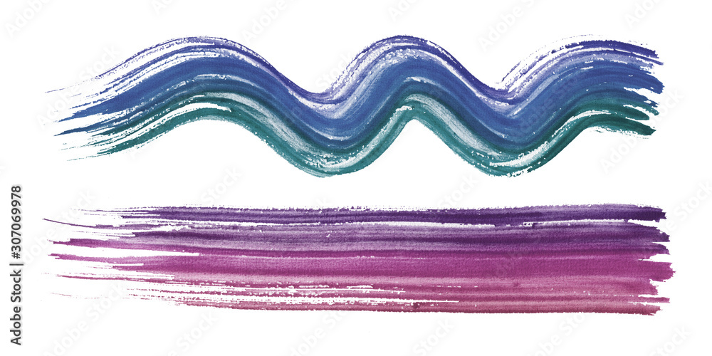 Colorful blue and purple brush strokes isolated on a white background. Wavy and straight lines of paint.