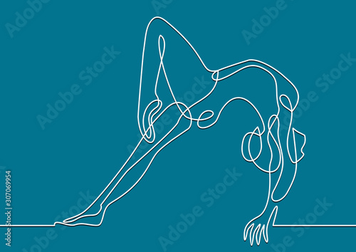 Young female gymnast performing handstand on balance beam- continuous line drawing