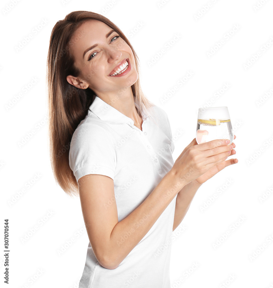 Young woman with glass of lemon water on white background Young woman with glass of lemon water on white background