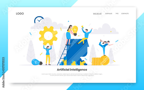 Business internet landing page concept template. Creative business people with tiny characters working together with big head and light bulb. Teamwork and time management concept vector illustration.