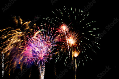 Fireworks isolated on black or dark background at night time.