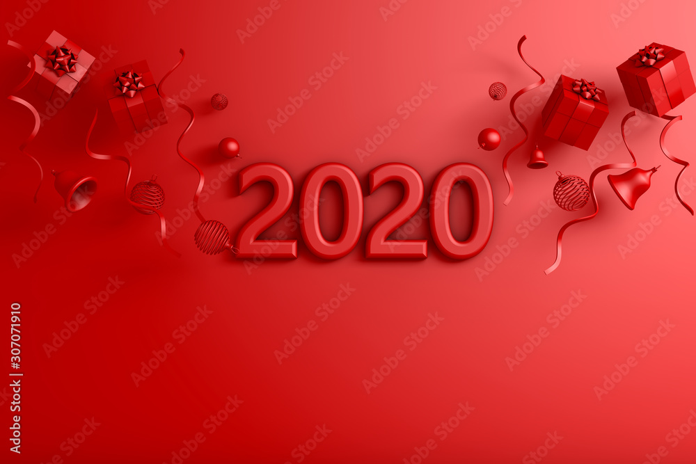 3d rendering of  christmas and new Year concept. Banner with 2020 Numbers and Happy New Year letters on red Background. Happy New Year card design Festive poster or banner design