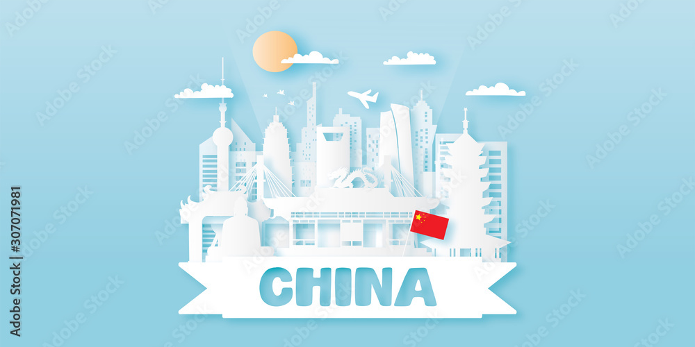 Travel China postcard, poster, tour advertising of world famous landmarks in paper cut style. Vectors illustrations