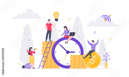 Tiny people characters working together with clock, character people and money symbol. Teamwork and time management concept flat style design vector illustration isolated white background.