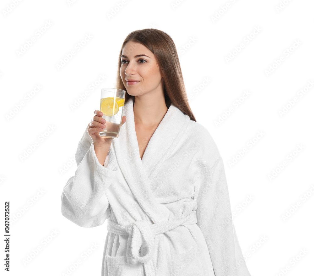 Young woman drinking lemon water on white background Young woman drinking lemon water on white background