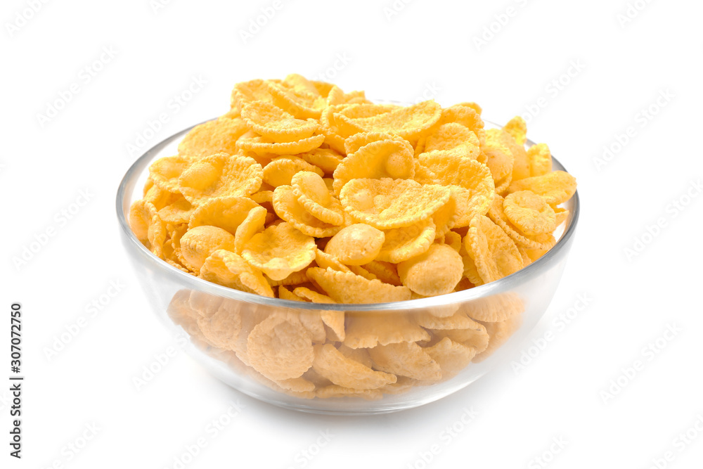 Bowl of tasty corn flakes on white background Bowl of tasty corn flakes on white background