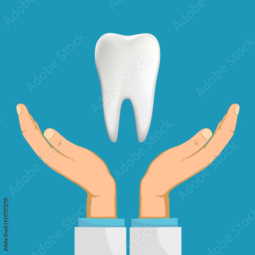 Fototapeta Naklejka Na Ścianę i Meble -  Hands doctor dentist holding white human tooth