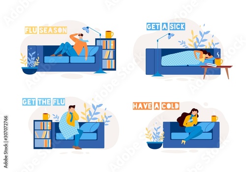 Sick People Characters on Sofa Flat Set. Man and Woman Have Cold, Suffering from Flu, Influenza, Infection and High Body Temperature. Home Interior. Illness and Sickness. Vector Illustration