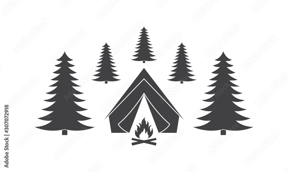 Obraz premium Tent with campfire in the forest. Camp icon. Vector illustration.