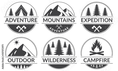 Adventure logo or badge set with mountains and forest. Outdoor expedition emblem. Camp with camfire label. Vector illustration.