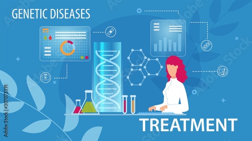 Genetic Disease Treatment Prevention Flat Medical Poster. Cartoon Woman Scientists Doing Lab Research, Typing on Keyboard. Gene Therapy. Determination Predisposition to Disorders. Vector Illustration