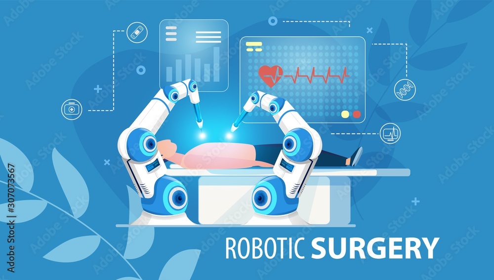 Innovative Medicine of Future. Robotic Surgery. Automated Arm Assembly at  Work. Patient Laying on Operation Table. Hi-Tech Surgical Instruments.  Medical Flat Poster. Vector Cartoon Illustration Stock Vector | Adobe Stock