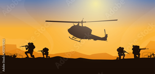 Fotografering Military vector illustration, Army background, soldiers silhouettes