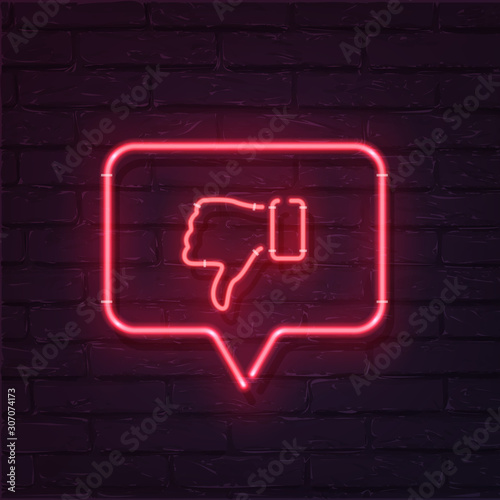 Red Thumbs down neon symbol inside speech bubble isolated on dark transparent background. Vector design element.