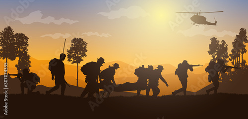 Military vector illustration, Army background, soldiers silhouettes.