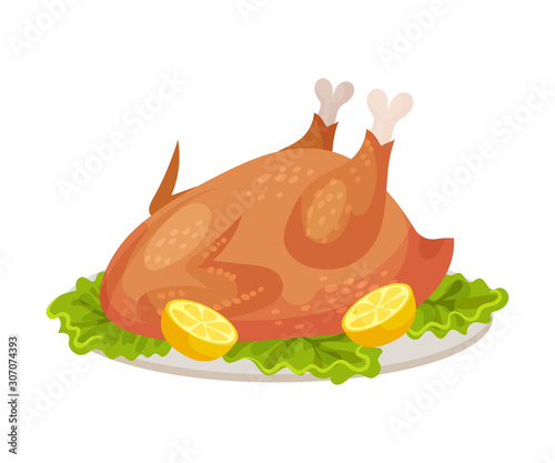 Roasted Turkey Served on Plate With Lemon Vector Illustration