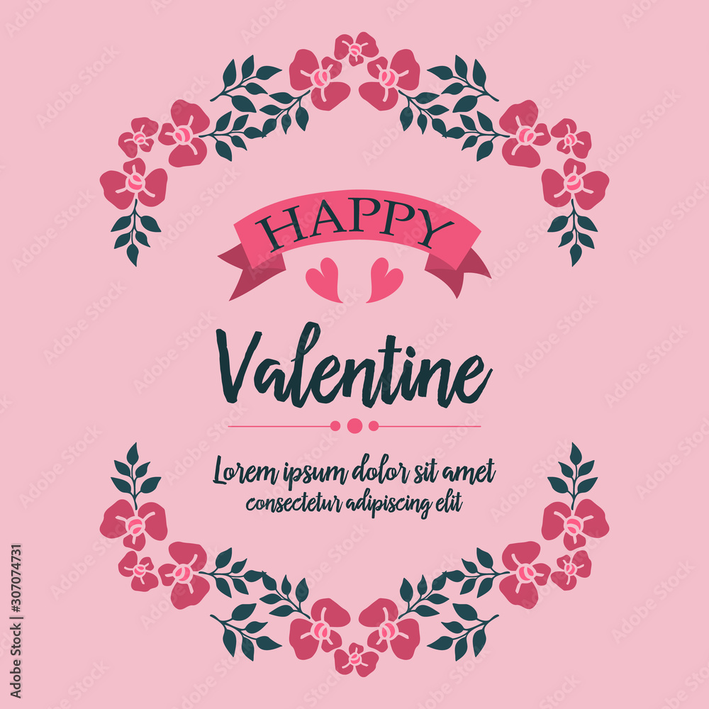Card template happy valentine, with drawing of pink flower frame background. Vector