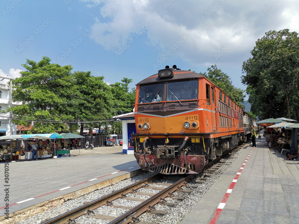 October 24, 2019: Karnchanachari Thailand, Locomotive train at Karnchanaburi station.