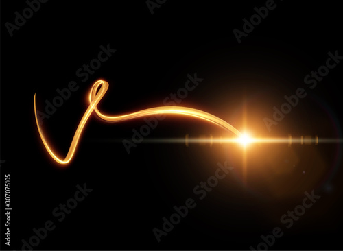 Golden ribbon with light trail effect and energy lines vector background.