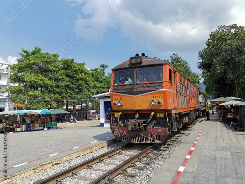 October 24, 2019: Karnchanachari Thailand, Locomotive train at Karnchanaburi station.