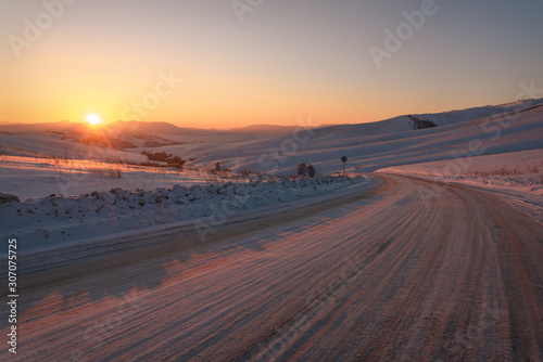 road snow mountains winter pass sunset sun