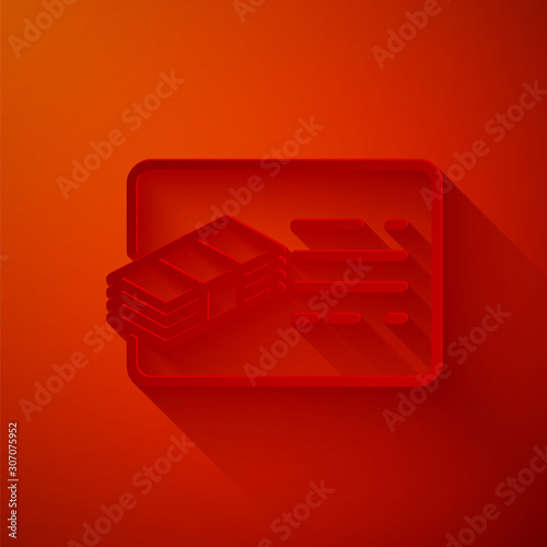 Paper cut Financial document line icon isolated on red background. Invoice and money icon. Budget planning, money saving and paying debt concept. Paper art style. Vector Illustration