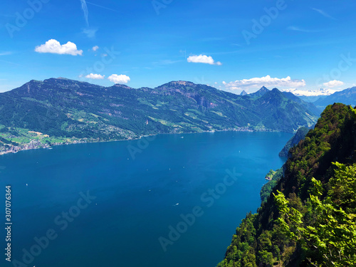 View of the Alpine massif Rigi and Lake Luzerne or Vierwaldstättersee (Vierwaldstaettersee oder Vierwaldsattersee) from the Bürgenberg mountain, Obbürgen (Obburgen or Obbuergen) - Canton of Nidwalden photo