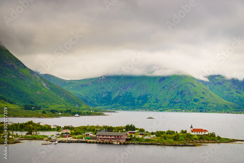 Fjord landscape with church. Lofoten Norway