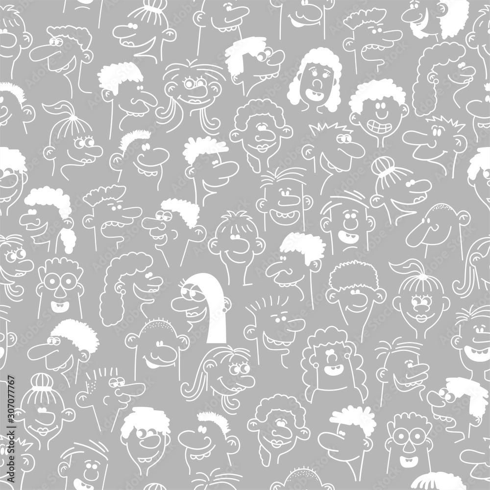 Happy people - hand drawn seamless pattern of a crowd of many different people.