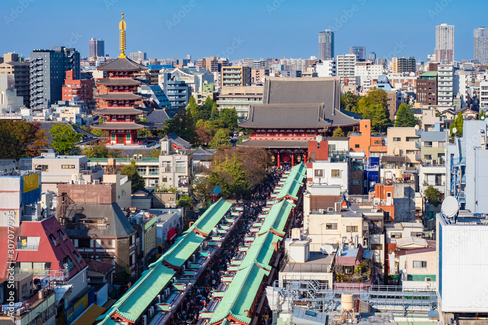Tokyo Japan. Street of Asakusa Temple. Sensoji view from the drone. Touristic street in Buddhism. Tourist attractions Japan. aerial view. Excursions to the Asakusa area. Japan day. Stock Photo