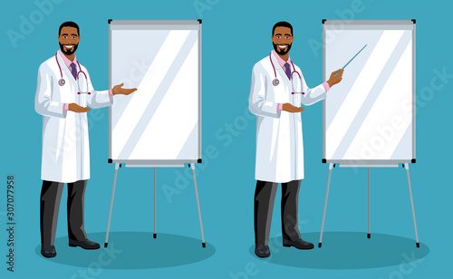Set of smiling African American doctors. Handsome man stands and points to flip chart. Vector illustration