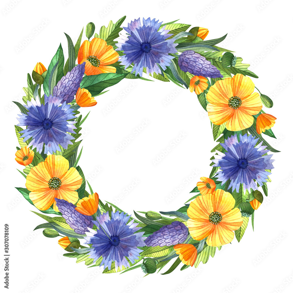 Fototapeta premium Romantic summer wreath with wild flowers. Watercolor illustration with floral elements for wedding card, invitation, print.